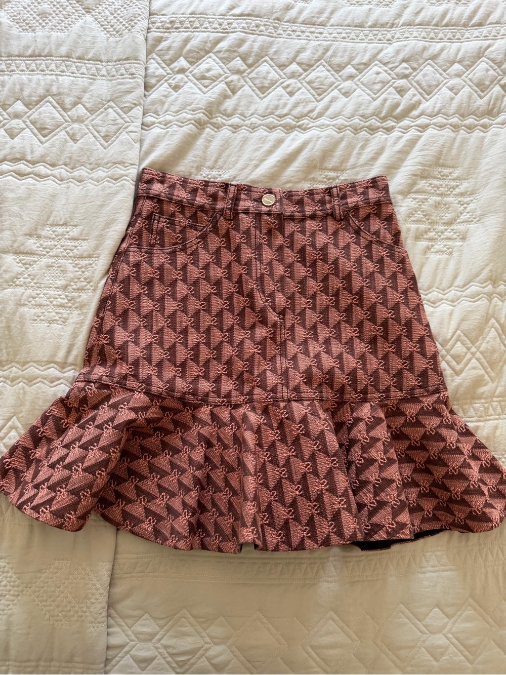 Sandro Rose Coral Pink Geometric Ruffle-Hem A-Line Skirt